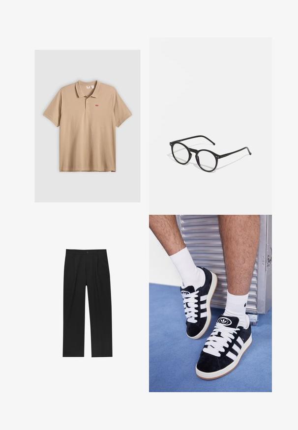 Bézs színű, pamutból készült polo póló, klasszikus gallérral, rövid ujjakkal és egy kis piros Levi's logóval a mellkasán. Puha tapintású.; Fekete nadrág egyenes szárú kialakítással, sima anyagból készült. Elöl redők és egy gombos záródás található a derékon.; Fekete velúr sportcipők fehér fűzőkkel és három fehér csíkkal. A nyelvén egy kör alakú fekete logó található, valamint egy gumis talp.; Kerek fekete napszemüveg, átlátszó lencsékkel, vékony fekete szárakkal és apró fémes díszítésekkel az elülső részén. Klasszikus design minimalista stílussal.