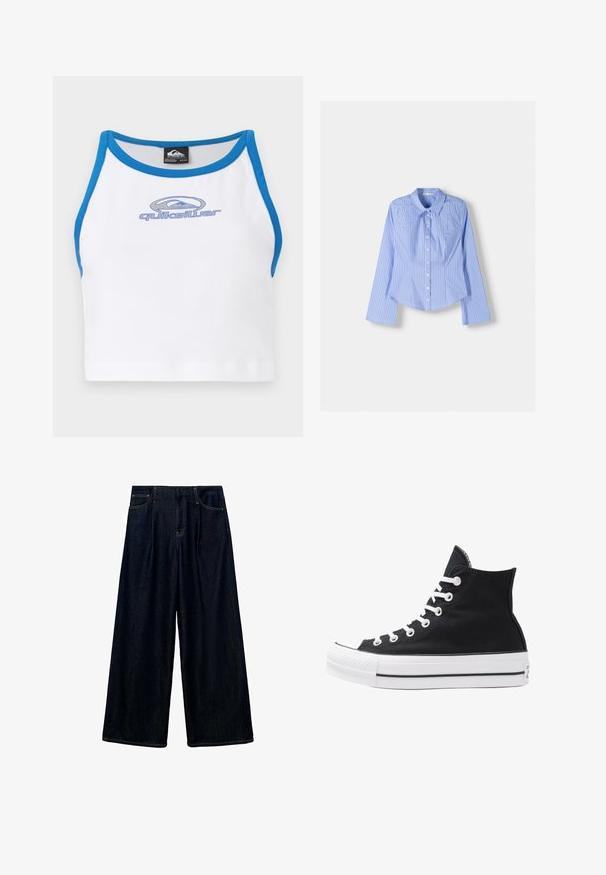 White crop top with blue trim and a round neckline. Features a blue Quiksilver logo on the front. Made from a smooth, lightweight material.; Blue and white striped long-sleeve button-up shirt with a spread collar, tailored fit, and curved hemline. Textured cotton material.; Dark denim wide-leg trousers with pleated front, five-pocket design, and contrast stitching. Material appears smooth with a sturdy texture.; High-top black canvas sneaker with white eyelets, laces, and rubber sole. Features a textured toe cap and black and white stripe accents.