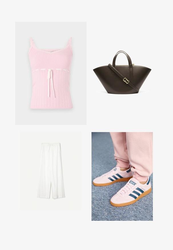 Růžový žebrovaný top na ramínka s krajkovým lemem, s elastickým pasem a strukturálním vzorem, navržený s tenkými nastavovacími ramínky.; Bílé kalhoty s širokými nohavicemi a stažením v pase, umístěné na jednobarevném pozadí, které zdůrazňuje jejich uvolněný styl a texturu látky.; Světle růžové semišové tenisky s tmavě modrými koženými pruhy a gumovou podrážkou. Mezi funkce patří ploché tkaničky a značení na boku a jazyku.; Hnědá kožená taška přes rameno s jedinečným úhlovým tvarem. Disponuje dvojitými uchy a odnímatelným ramenním popruhem, zdobená zlatými detaily.