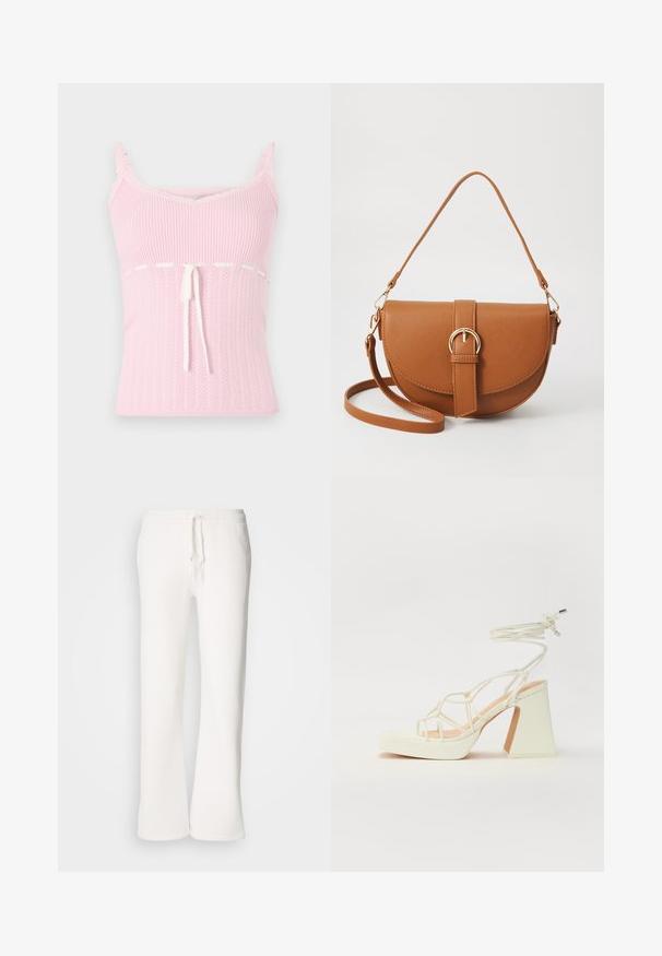 Roosa ribaga kampsun, millel on pitsäär, paeluva vöökoht ja tekstuuriga muster, õhukeste reguleeritavate rihmadega.; Valged, mugavad spordipüksid, mis on valmistatud pehmest kangast, elastse talje ja nööridega, sirgete jalgadega disainiga.; Valged kõrge kontsaga sandaalid, millel on paks konts ja rihmadega disain koos pahkluu sidumisega. Sile tekstuur ja platvorm ees, et lisada kõrgust.; Pruun nahast õlakott, millel on kumer kuju, kullavärvi riistvara ja pandlaga kaunistus. Omab eemaldatavat õlarihma.