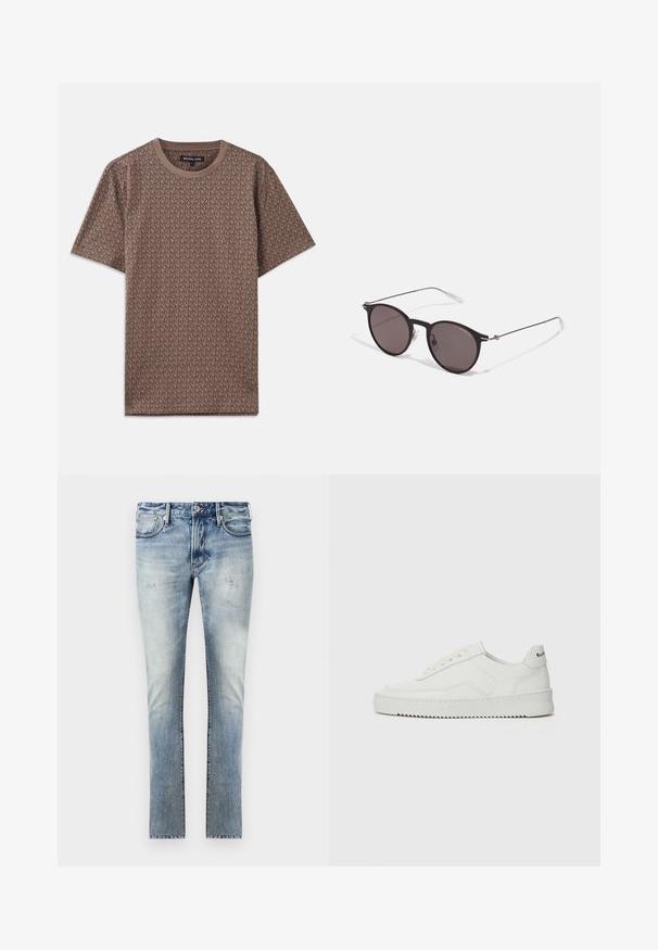 Bruin T-shirt met korte mouwen, voorzien van een herhalend MK-logo patroon, ronde halslijn en een zachte stoftextuur.; Lichtblauwe denim jeans met een vervaagde afwerking, slim fit ontwerp, vijf zakken en contrasterende stiksels bij de naden.; Witte leren sneaker met een gladde afwerking, ronde neus, platte veters en een gestructureerde zool. Kenmerkt zich door een subtiel logo op de hiel.; Zwarte ronde zonnebril met donkere lenzen en slanke metalen armen. Inclusief heldere tempelpunten en zilveren accenten bij de scharnier. Minimalistisch ontwerp.