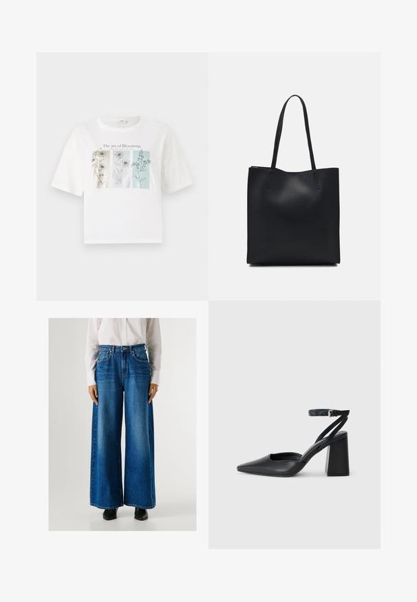 Tricou alb din bumbac cu un grafic pe față ce prezintă trei schițe florale în culori pastelate, cu textul „Arta Înfloririi” deasupra.; Jeans largi de culoare albastră, cu talie înaltă, din denim, având buzunare frontale și închidere cu nasture. Textură netedă cu o spălare clasică.; Pantofii cu toc ascuțit din piele neagră, cu breteaua pentru glezne și toc gros. Textură netedă, design elegant și estetică minimală.; Geantă tote neagră din piele, cu textură netedă, formă rectangulară și două mânere lungi. Fără hardware vizibil sau ornamente.