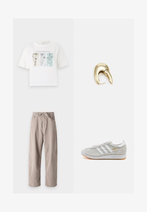 Weißes Baumwoll-T-Shirt mit einem Frontgraphic, das drei floral skizzierte Motive in Pastellfarben zeigt, mit dem Text "Die Kunst des Blühens" darüber.; Beige Cordhosen mit lockerer Passform, ausgestattet mit einem Kordelzugbund, zwei Fronttaschen und vertikal geripptem Muster.; Hellgraue Sneaker aus Wildleder und Mesh, mit drei weißen Streifen, runder Zehenpartie und einer Sohle aus Gummi. Goldenes Logo-Detail nahe der Schnürsenkel.; Ohrringe aus goldfarbenem Metall mit einem schlanken, geschwungenen Design. Sie verfügen über eine markante, spitze Form, eine polierte Oberfläche und einen Scharnierverschluss.