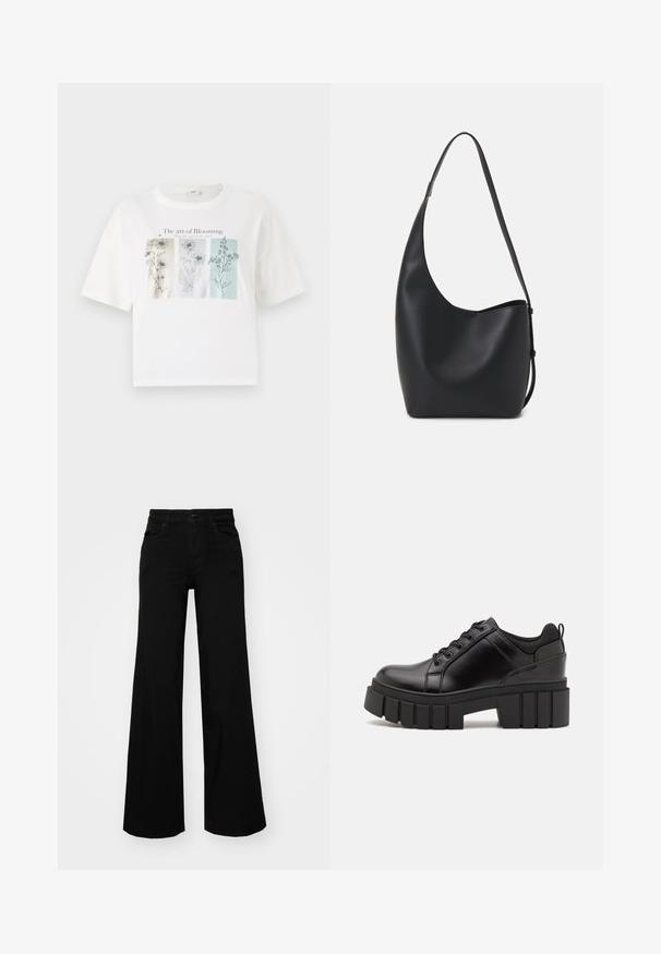 Fehér pamut póló, amelyen három virágrajz pasztell színekben látható elöl, felette pedig a "A Virágzás Művészete" felirat.; Fekete, bő szárú farmernadrág, amelynek állítható derékrésze van, övhurkokkal és elülső zsebekkel. Simaság jellemzi, klasszikus dizájnnal.; Fekete bőr platform cipők vaskos blokk sarkakkal, kerek orral és hagyományos fűzős kialakítással. Simára csiszolt felület és minimális részletezés jellemzi.; Fekete bőr hobo táska sima textúrával, ívelt formával és egyetlen állítható pánttal; széles nyílás található a tetején.