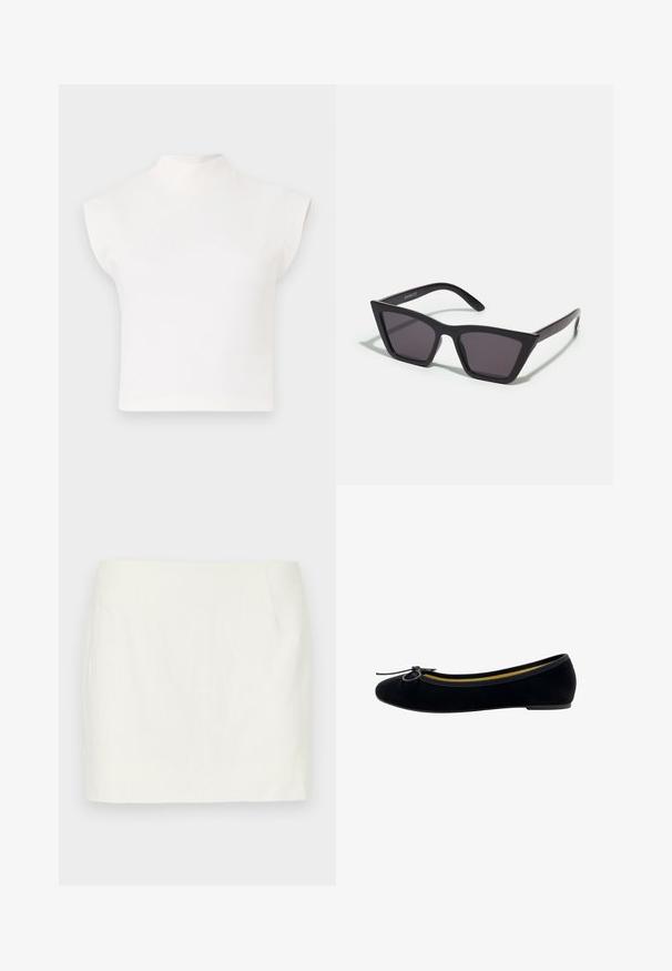 Top bianco corto con un alto collo a mock e maniche larghe e angolari. Realizzato in tessuto liscio, privo di pattern visibili o decorazioni.; Gonna mini bianca in lino con taglio dritto, dotata di tasche laterali e una texture liscia. Nessun motivo o accento visibile.; Pantofole da balletto in velluto nero con punta rotonda, piccola applicazione a fiocco sul davanti e una fodera interna gialla a contrasto.; Occhiali da sole neri e angolari con lenti grigie; realizzati in plastica, con aste spesse dalla superficie liscia e senza hardware visibile.