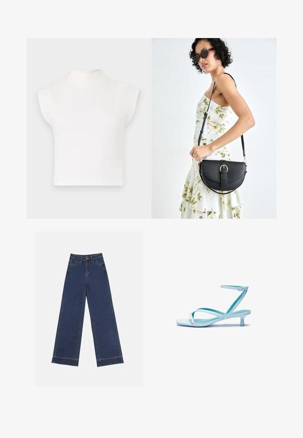 White cropped top with a high mock neckline and wide, angular sleeves. Made from smooth fabric, featuring no visible patterns or embellishments.; Wide-leg jeans in dark blue denim. Features five pockets, belt loops, and a raw hem at the bottom with visible stitching details.; Light blue strappy sandal with a square toe, low heel, adjustable ankle strap, and smooth, glossy finish. Crossed straps on the footbed.; Black leather handbag with a curved shape, detachable strap, and gold hardware. The bag features a flap with a buckle detail.