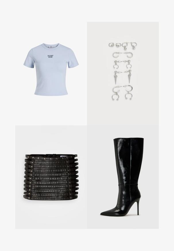 Svetlomodré tričko s krátkym rukávom vyrobené z mäkkej látky. Má okrúhly výstrih a na prednej strane je v tučnom námorníckom písmene vytlačený nápis "ODHOĎ HO".; Čierna kožená minisukňa s horizontálnymi pásmi a striebornými cvokmi pozdĺž hornej hrany a vertikálnych strán.; Čierne kožené čižmy po kolená s špicatou špičkou a vysokým stiletto podpätkom. Hladká textúra a elegantný dizajn s minimálnymi detailmi.; Sada strieborných náušníc s rôznymi dizajnmi: kruhové, puzety a visiace štýly, s okrúhlymi akcentmi a špicatými prvkami.
