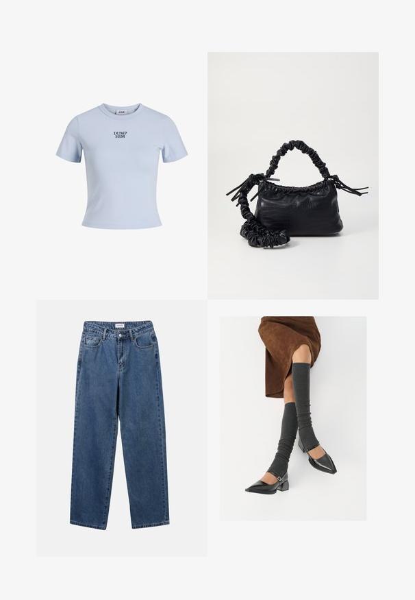 Hele sinine lühikeste var rukatega T-särk, mis on valmistatud pehmest kangast. Omaldab ümmargust kaelust ja tekst "DUMP HIM" trükitud tugevas tumesinises värvitoonis.; Klassikalised sinised denimists teksad otsejalaga disainiga, viie taskuga ja nööbisuletusega. Omab keskmist pesu ja tugevat tekstuuri.; Mustad patsaline odav värviga kingad, millel on kreen ja pahkluuring, on paaritatud hallide ribakudumitega sääremiidega ja pruunist nahast seelikuga.; Must must sünteetilisest nahast käekott, millel on krokodillimuster, kokku tõmmatav ülaosa ja kortsus rihm. Tundub pehme ja kompaktne disain.