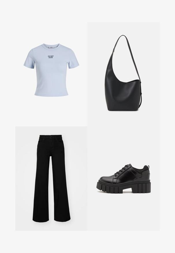 Una cămașă de t-shirt cu mânecă scurtă, de culoare albastră deschisă, confecționată dintr-un material moale. Dispune de un guler rotund și textul "DUMP HIM" tipărit cu litere îndrăznețe, de culoare bleumarin.; Pantaloni negri cu picioare largi, din denim, cu un brau structurat, bucle pentru curea și buzunare frontale. Textură netedă, cu un design clasic.; Pantofi cu talpă plată din piele neagră, cu toc gros, vârf rotund și design tradițional cu șireturi. Prezintă o textură netedă și detalii minime.; Geantă hobo din piele neagră, cu o textură netedă, formă curbată și un singur bretele ajustabil; are o deschidere largă în partea de sus.