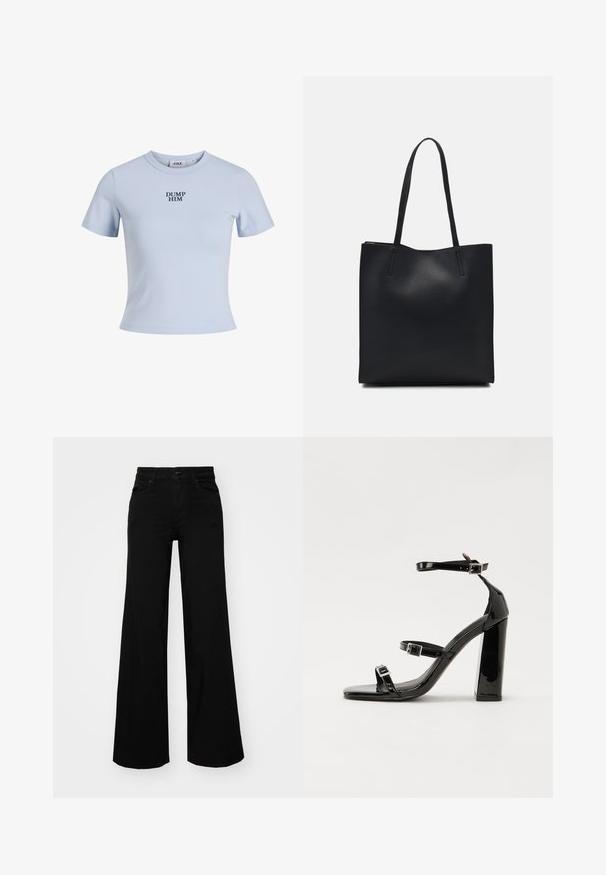 Lyseblå t-skjorte med korte ermer laget av mykt stoff. Har rund hals og teksten "DUMP HIM" trykket i fet marineblå.; Svart vide bukser laget av denim, med en strukturert midjebånd, beltestropper og frontlommer. Glatt tekstur med et klassisk design.; Svart høyglans sandaler med hæl, firkantet tå, ankelremmer og sølvspenner. Har en kraftig blokkhæl for stabilitet.; Svart lær tote bag med glatt tekstur, rektangulær form og to lange håndtak. Ingen synlige deler eller dekorasjoner.