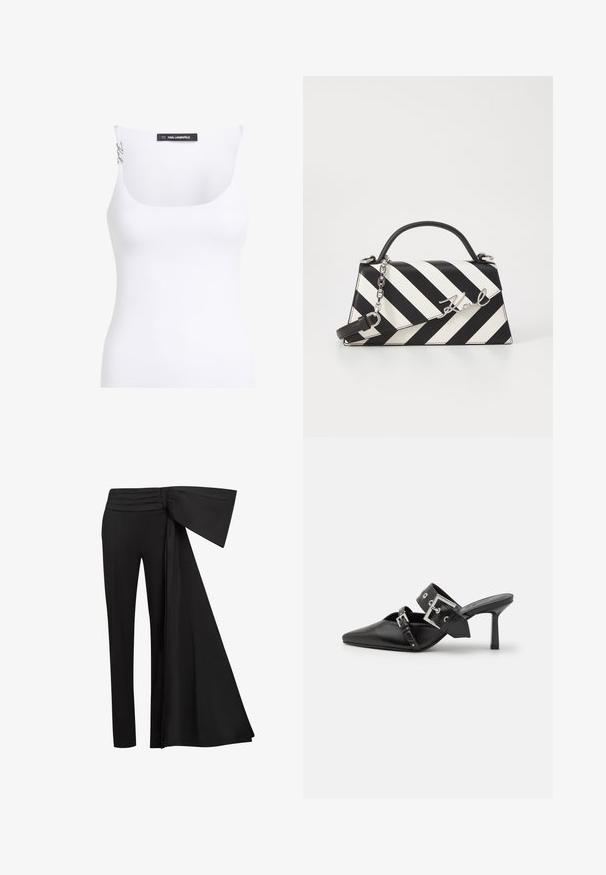 Valge kampsun ilma varrukateta, millel on ümar kaelus. Valmistatud tekstuuriga kangast. Omab kitsaid õlavarrete rihmasid ja bränditud silti taga.; Mustad püksid laia, rippuva paela detailiga taljes. Sile kangas, sirge sääre lõige ja volditud talje.; Mustad mustad kõrged kontsad, terava toe ja siledast nahast. Omab laia pahkluu rihma ruudukujulise hõbedase klambri ja nurgakujuliste naeltega.; Mustriga musta ja valgega käekott, millel on struktureeritud kuju, pehme käepide, eemaldatav ahelriba ja metallist logo aktsent.