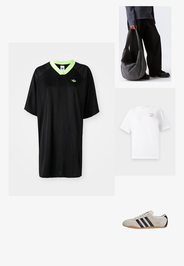 Weißes T-Shirt mit kurzen Ärmeln, das ein kleines rotes Logo "Billabong Surf Club 1973" und eine Surfergrafik auf der oberen linken Brust zeigt.; Schwarzes kurzärmliges Sportshirt mit einem grünen V-Ausschnitt und einem gestickten Logo auf der Brust. Glatte Textur und lockere Passform.; Wildledersneaker mit grauem Obermaterial, schwarzen Streifen und einer Gummisohle. Verfügt über einen Schnürverschluss und ein goldfarbenes Logodetail an der Seite.; Graue Stoff-Schultertasche mit einer lässigen Form, ausgestattet mit glatter Textur und breiten Trägern. Die Tasche wird von einer Person in dunkler Hose gehalten.