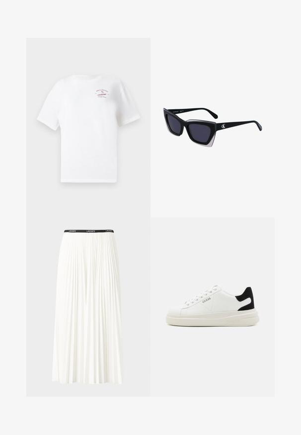 Valge lühikeste varrukatega T-särk, millel on väike punane logo "Billabong Surf Club 1973" ja surfari graafika vasakul ülanurgas.; Kurtitudega valge seelik musta elastse vööga, millel on "LACOSTE" logo. Keskmise pikkusega disain pehme tekstuuriga.; Valged nahast tennisetossud paksu valge tallaga, musta sametist kontsakeeuga ja külje peal riigilogo reljeefne kujundus. Lukkeskeem kuue silmaauguga.; Mustad suured mustad prillid geomeetrilise kujuga, tumedate läätsedega ja kontrastse halli detailiga raamidel. Logo käe peal.