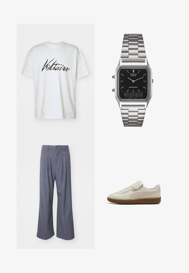 Hvid bomulds-t-shirt med korte ærmer og en løs pasform, med et sort grafisk print af "Voltaire" og et kraniedesign.; Grå stribede bukser med bred ben-design, der har læg foran og en glat tekstur. Ingen synlig hardware eller accenter.; Hvide lædersneakers med teksturerede accenter, gummisål og gulllogodetaljer. Har snørebånd og en velcrolukning.; Sølv rustfrit stål kvartsur med en sort rektangulær urskive, der har analoge visere, digital skærm og vandtæt label.