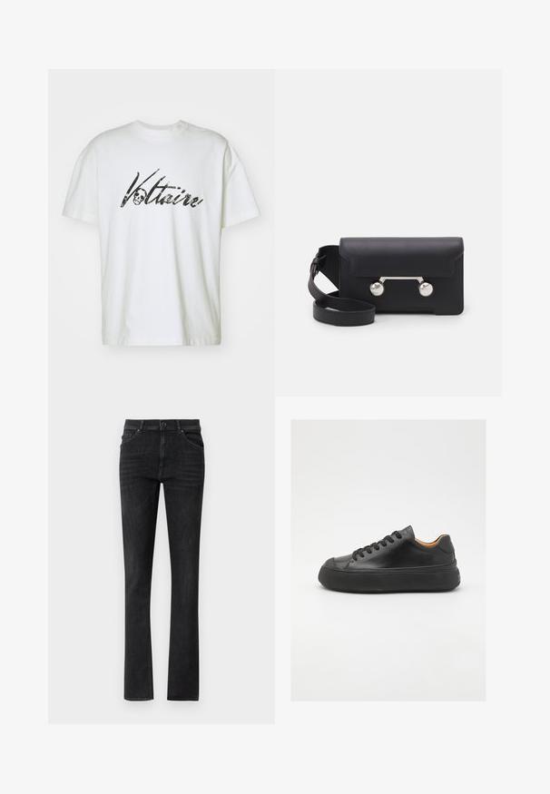 Valge puuvillane T-särk lühikeste varrukatega ja lõdva lõikega, millel on must graafiline print "Voltaire" ja kolju kujundus.; Mustad teksad mustast denimist, otse lõikega, ees on taskud ja nööpkinnitus. Sile tekstuur koos peente plekkidega.; Mustmust mustarist king kätšiga, ümar varvas, nöörimisega esiosa, sile tekstuur, paks kummist tall ja kontrastne pruun sisemus.; Must со хsaid crossover kottiga black nahka, mis on varustatud klapiga sulgemisega, hõbedased detailid ja kaks ümmargust aksessuaar. Omab eemaldatavat rihma. Sile tekstuur.