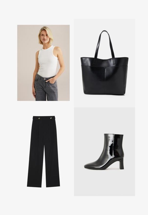 Valge ilma varrukateta ribitud t-särk ümmarguse kaelusega, millele on sobitatud hallid kõrge vöökohtadega teksad, millel on taskud ja nööbid.; Mustad laiad püksid kõrge vöökoha ja nööpdetailidega vööandil, esikortsudega.; Must-sinine nahkjalats musta läikiva viimistlusega, millel on terav nina ja keskmise kõrgusega plokk konts. Sile tekstuur ja minimalistik disain.; Must mustaga musta nahast, millel on kaks pikka kanda, sile tekstuur ja struktureeritud kuju. Esipoolsel on lisakoti jaoks tasku.