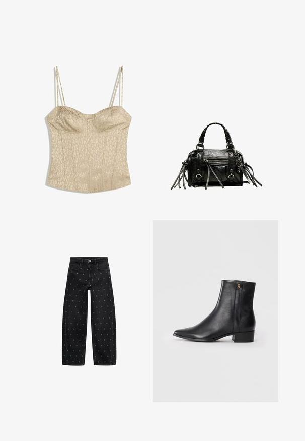 Beżowa góra koronkowa w panterkę, z cienkimi regulowanymi ramiączkami, strukturowanym fasonem i pionowymi szwami dla podkreślenia kształtu.; Czarne dżinsy o szerokich nogawkach z wzorem małych srebrnych grommetów, z klasycznym pięciokomorowym krojem i zapięciem na guziki.; Czarne skórzane botki za kostkę z wydłużonym noskiem, gładką fakturą, niskim obcasem w kształcie bloku i złotym logo na boku.; Czarna skórzana torebka z plecionymi uchwytami, teksturowaną powierzchnią, zamykanym z przodu kieszonką oraz dekoracyjnymi frędzlami. Kompaktowy i wyraźny kształt.