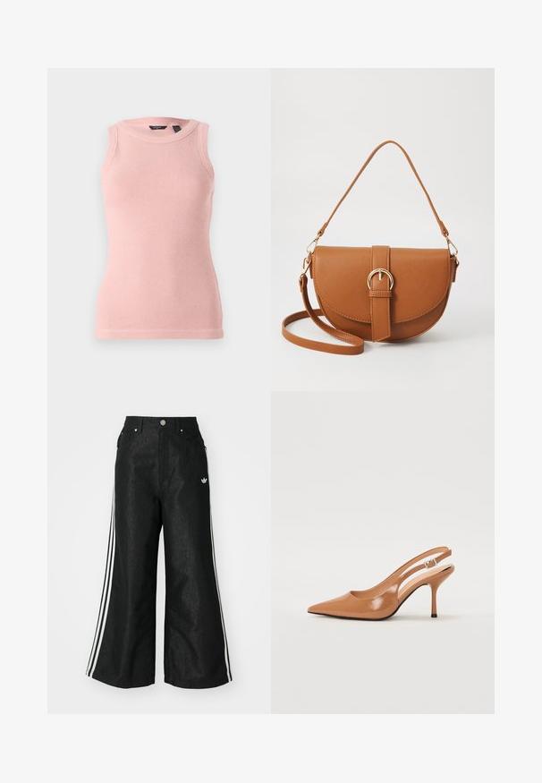 Top brez rokavov v svetlo roza barvi iz pletenine z teksturiranim vzorcem, zaobljenim izrezom in rebrastimi robovi. Preprost in prilegajoč dizajn.; Črne široke jeans hlače z dvema belima črtama na vsaki strani in majhnim belim logotipom. Imajo sprednje žepke in zapiranje na gumb.; Slinčaste pete z ostro konico v gladkem, sijočem bež materialu. Imajo ukrivljen rez in vitko stiletto peto. Podrobnost s srebrno zaponko.; Rjava usnjena torbica prek telesa s ukrivljeno obliko, zlate opreme in sponko. Ima odstranljiv naramni trak.