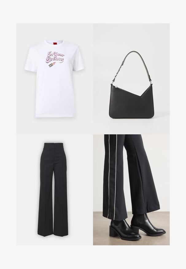 Balta medvilninė marškinėlį su užrašu "Tavo Sapnuose" rožinės spalvos šriftu ir lūpų dažų tūbelės grafiniais akcentais rožinės spalvos.; Juodos plačios kojinės kelnės su aukštu juosmeniu, turinčios švarų apdailą ir lygų paviršių. Matomi jokių metalinių detalių ar raštų.; Juodi odiniai auliniai batai su plataus bloko kulnu, turintys elastines šonines dalis. Sukomplektuoti su juodomis kelnėmis, turinčiomis baltą šoninės juostą.; Juodos odos rankinė trikampio formos, su siauru dirželiu ir sidabriniais aksesuarais. Yra užtrauktuko uždarymas ir iškilmingas logotipas priekyje.