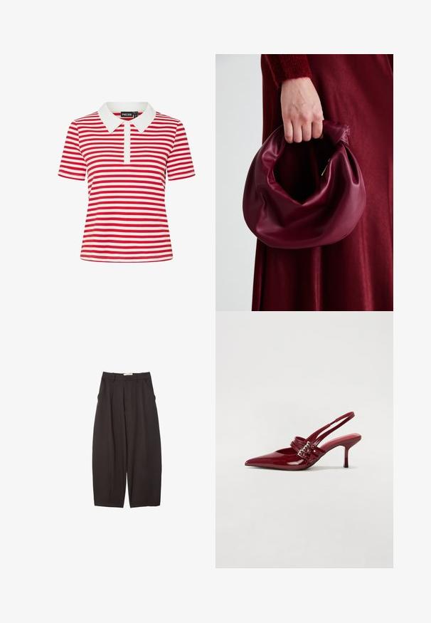 Röd och vit randig polo skjorta med vit krage och tre knappar. Tillverkad av stretchigt material, korta ärmar och figurnära design.; Svarta vida byxor i ett mjukt tyg, med hög midja, framfickor och sidofickor. Enkel design utan utsmyckningar.; Röda patentläder slingback-hälar med spetsig tå, två spännen och en smal, medelhög stilettklack. Slät textur.; Burgundy läderhandväska med en mjuk, samlad design och rundad form. Handtaget är säkrat och visar en slät yta.