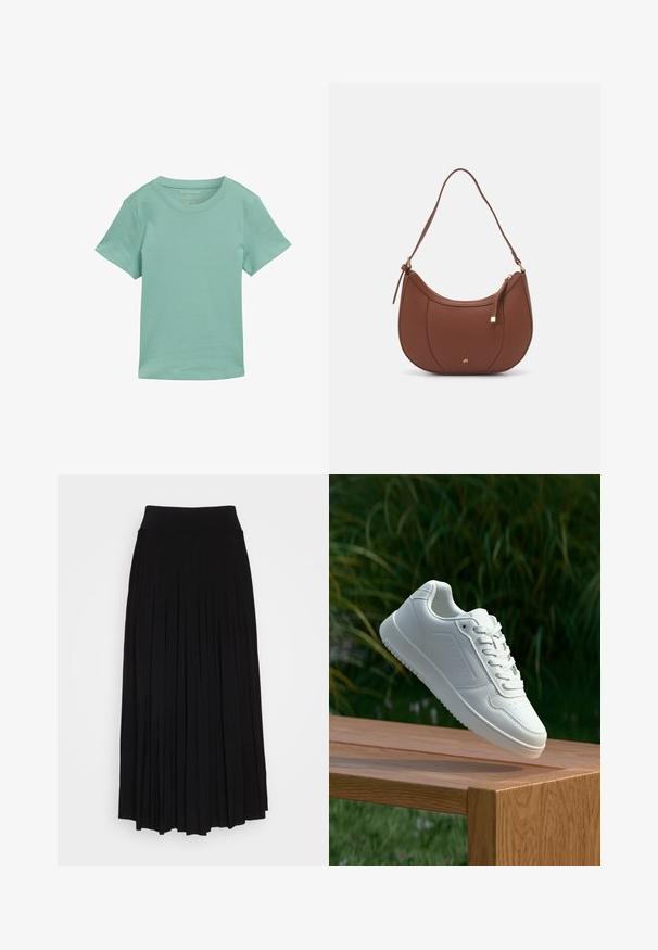 Mintgroene t-shirt met korte mouwen, gemaakt van zacht stof. Heeft een klassieke ronde halslijn en een rechte zoom. Geen patronen of accenten zichtbaar.; Zwarte plissé rok met een hoge, elastische tailleband. Gemaakt van zachte stof, met verticale plooien voor een vloeiende silhouet.; Witte sneaker met een gladde synthetische bovenkant, geperforeerde neus, platte veters en een gestructureerde zool, tentoongesteld op een houten oppervlak.; Bruine faux leren schoudertas met een gebogen vorm, minimale stiksels en een gouden hardware-accent. Voorzien van een bovenste ritsluiting en een verstelbare schouderband.