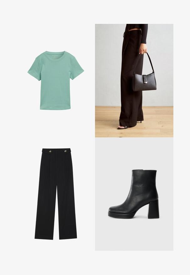 Mintgrünes T-Shirt mit kurzen Ärmeln aus weichem Stoff. Verfügt über einen klassischen runden Halsausschnitt und einen geraden Saum. Keine Muster oder verzierenden Akzente sichtbar.; Schwarze weite Hosen mit hoher Taille, Knopfdetails am Bund und vorderen Falten.; Schwarze Leder-Stiefelette mit Blockabsatz und Plattformsohle, seitlich auf einem schlichten weißen Hintergrund betrachtet.; Schwarze Handtasche mit strukturierter Form, glatter Textur und einem metallischen Verschluss. Kombiniert mit weiten schwarzen Hosen und offenen Sandalen auf einem Holzboden.
