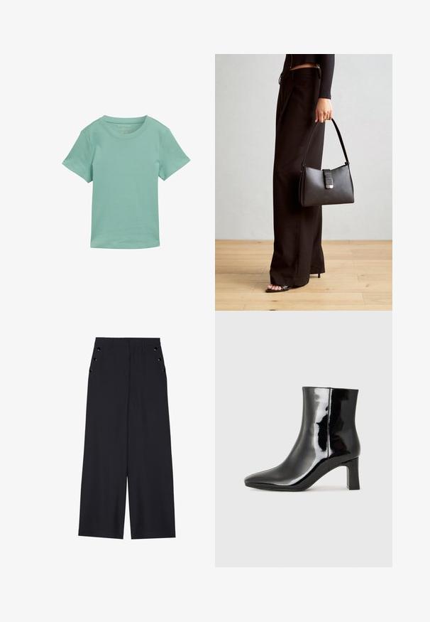 Minti zaļš īsām piedurknēm T-krekls, kas izgatavots no mīksta materiāla. Tam ir klasiska apaļa dekoltē līnija un taisna apmale. Neredzami raksti vai akcenti.; Platīsara bikses tumši zilā audumā, kurām ir gluda tekstūra, priekšējie kroki un dekoratīvi zeltaini acs pie sānu kabatām.; Melnas patentētas ādas potīšu zābaki ar norādītu pirkstu un vidēja augstuma kvadrātveida papēdi. Gluda tekstūra un minimālisma dizains.; Melnā somiņa ar strukturētu formu, gludu tekstūru un metālu sprādzi. Saskaņota ar platām melnām biksēm un sandālēm ar atvērtu purngalu uz koka grīdas.