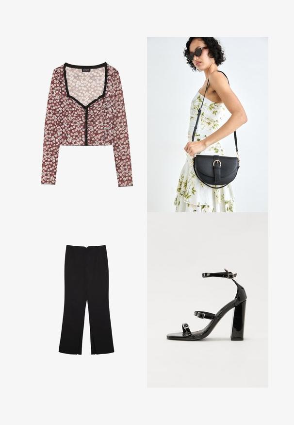 Cvečni crop top z dolgimi rokavi. Rdeča podlaga, beli in rožnati cvetlični potisk, črn nabran rob ob vratu in sprednjem odpiranje, lahka tkanina.; Črne hlače ravnega kroja z naglavnimi žepi in stranskimi razporki na robu. Narejene iz mehke, gladke tkanine. Primerne za različne priložnosti.; Črne lakirane sandale s peto, kvadratnim prstom, trakovi okrog gležnja in srebrnimi zaponkami. Opremljene so s stabilno Debelo peto.; Črna usnjena torbica s ukrivljeno obliko, z odstranljivo naramnico in zlatimi dodatki. Torbica ima pokrov s podrobnostmi v obliki zaponke.