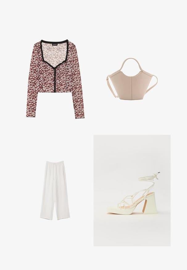 Blumen-Crop-Top mit langen Ärmeln. Rote Basis, Druck mit weißen und rosa Blumen, schwarzer Rüschensaum am Ausschnitt und an der Vorderöffnung, leichtes Material.; Weiße weit geschnittene Hose aus leichtem Stoff. Mit einem elastischen Bund und Kordelzug sowie Seitentaschen. Glatte Textur.; Weiße High-Heel-Sandale mit einem klobigen Absatz, die über ein Riemchendesign und ein Knöchelband verfügt. Glatte Textur mit einer Plattform vorne für zusätzliche Höhe.; Beige Lederhandtasche mit einer einzigartigen Form, die zwei kurze Henkel und einen langen verstellbaren Riemen aufweist. Glatte Textur mit minimalen Hardware-Elementen.