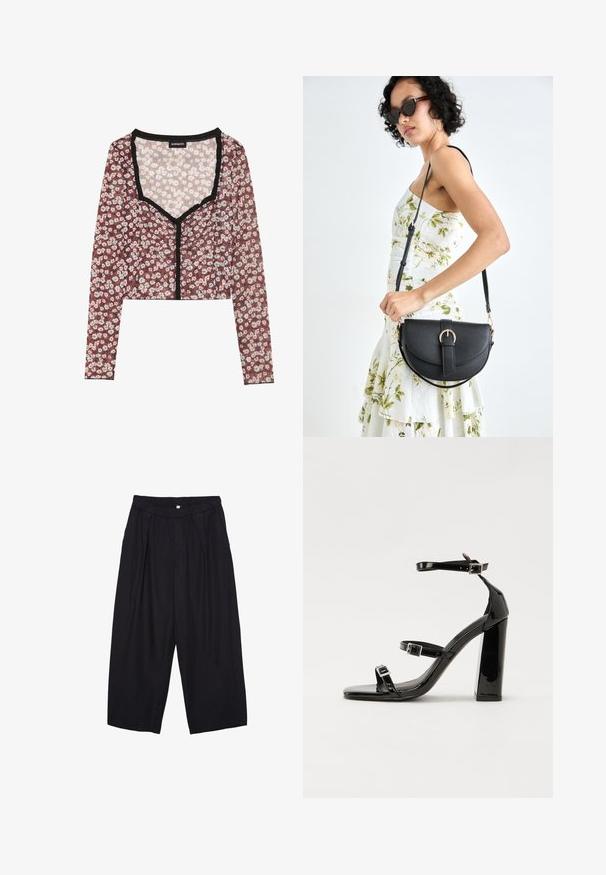 Bloemrijke crop top met lange mouwen. Rode basis, met een witte en roze bloemenprint, zwarte gerimpelde rand bij de halslijn en opening aan de voorkant, lichtgewicht stof.; Zwarte polyester culottes met een elastische tailleband, twee voorkreukels en een losse pasvorm. Geen zichtbare patronen of hardware-details.; Zwarte gepatenteerde sandalen met hak en een vierkante neus, enkelbandjes en zilveren gespen. Heeft een stevige blokhak voor stabiliteit.; Zwarte leren handtas met een gebogen vorm, afneembare schouderband en gouden hardware. De tas heeft een klep met een gespsluiting.