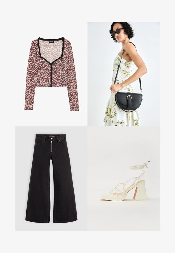 Blomstrete crop top med lange ermer. Rød bunn med hvite og rosa blomsterprint, svart volangkant ved halsutskjæring og frontåpning, lett stoff.; Vide benbukser i sort denim med glidelås i front, fem-lomme design og subtile sømdetaljer. Glatt tekstur og avslappet stil.; Hvit høyhælte sandal med kraftig hæl, med en stroppe-design og ankelbånd. Glatt tekstur med plattform foran for ekstra høyde.; Svart lærveske med en buet form, avtagbar stropp og gullbeslag. Vesken har et klaff med spenne-detall.