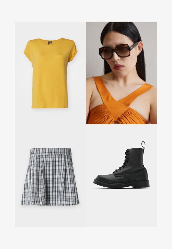 Vero Moda VMAVA PLAIN - Basic T-shirt - golden spice; Plaid mini skirt in gray and white, featuring pleats and a waistband. Made of lightweight fabric, with vertical and horizontal stripes.; Black leather combat boot with a round toe, lace-up front, and a pull tab at the ankle. Features a thick rubber sole for durability.; Brown tortoiseshell oversized sunglasses with a wide rectangular frame and gradient lenses. Gold logo detail on the side.