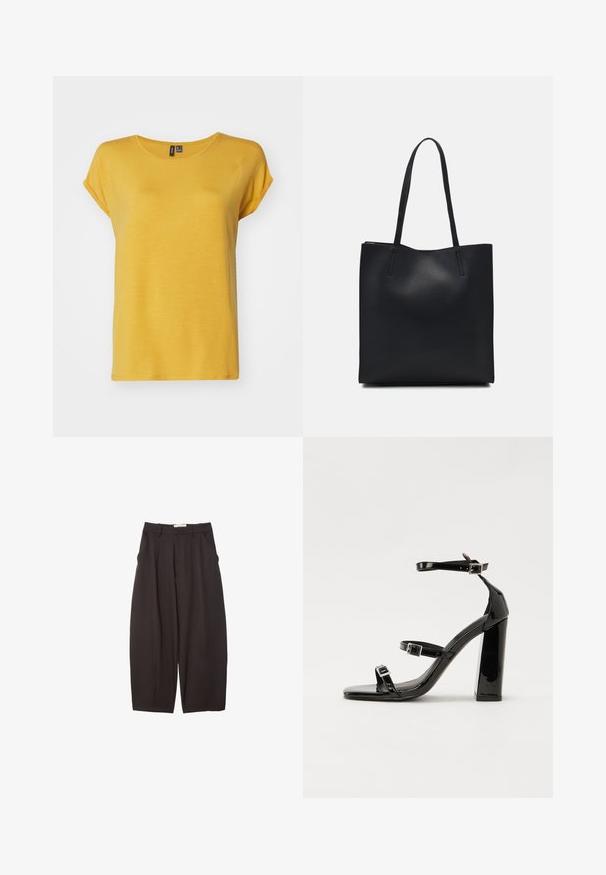 Vero Moda VMAVA PLAIN - Navadna majica - golden spice; Črne široke hlače iz gladkega materiala, z visokim pasom, zgornjimi pregibi in stranskimi žepi. Preprost dizajn brez okrasnih elementov.; Črne lakirane sandale s peto, kvadratnim prstom, trakovi okrog gležnja in srebrnimi zaponkami. Opremljene so s stabilno Debelo peto.; Črna usnjena torba s svilnato teksturo, pravokotne oblike in dvema dolgima ročajema. Brez vidnih metalnih delov ali okrasnih elementov.