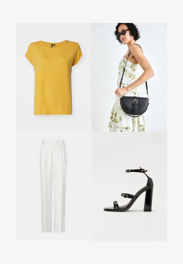 Vero Moda VMAVA PLAIN - Camiseta básica - golden spice; Pantalones blancos a rayas con un diseño de pierna recta, hechos de una tela ligera. Presenta pliegues en la parte delantera y una cinturilla tradicional.; Sandalias de tacón de charol negro con punta cuadrada, correas en el tobillo y hebillas plateadas. Presentan un tacón grueso para mayor estabilidad.; Bolso de piel negra con forma curva, correa desmontable y herrajes dorados. El bolso cuenta con una solapa con un detalle de hebilla.