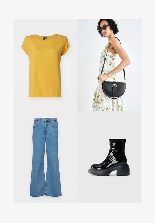 Vero Moda VMAVA PLAIN - T-shirts basic - golden spice; Lysblå flagrende jeans lavet af denim, med høj talje, fem lommer og en enkelt knaplukning. Blød tekstur med en falmet finish.; Glansende sorte platform ankelstøvle med rund tå, kraftig hæl, lynlåslukning og tykk oplevelsesso mod en hvid baggrund.; Sort læderhåndtaske med en buet form, aftagelig rem og guldfinish. Tasken har en klap med en spænde detalje.