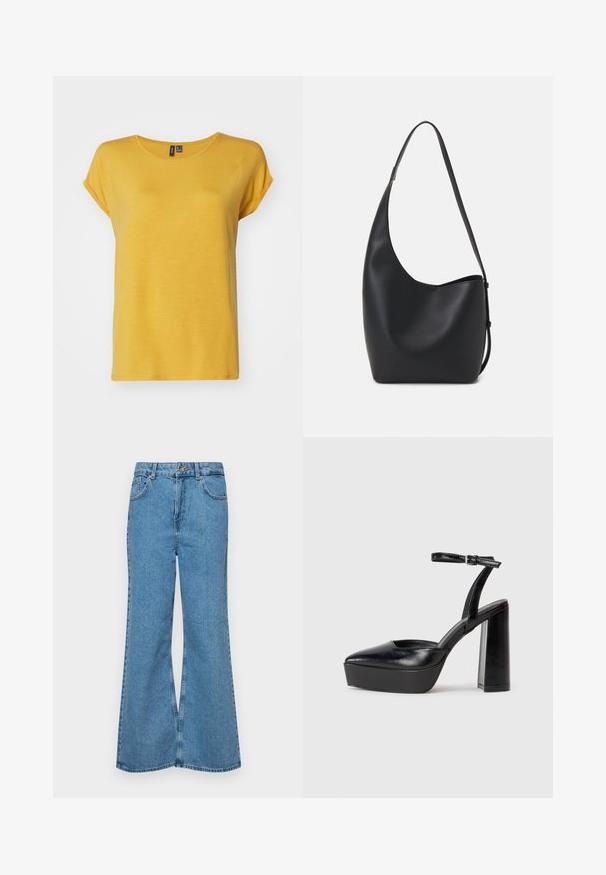 Vero Moda VMAVA PLAIN - Basic T-shirt - golden spice; Light blue flared jeans made of denim, featuring a high waist, five pockets, and a single button closure. Soft texture with faded finish.; Black platform heels with a pointed toe and adjustable ankle strap. Constructed from smooth leather, featuring a chunky block heel.; Black leather hobo bag with a smooth texture, curved shape, and single adjustable strap; features a wide opening at the top.
