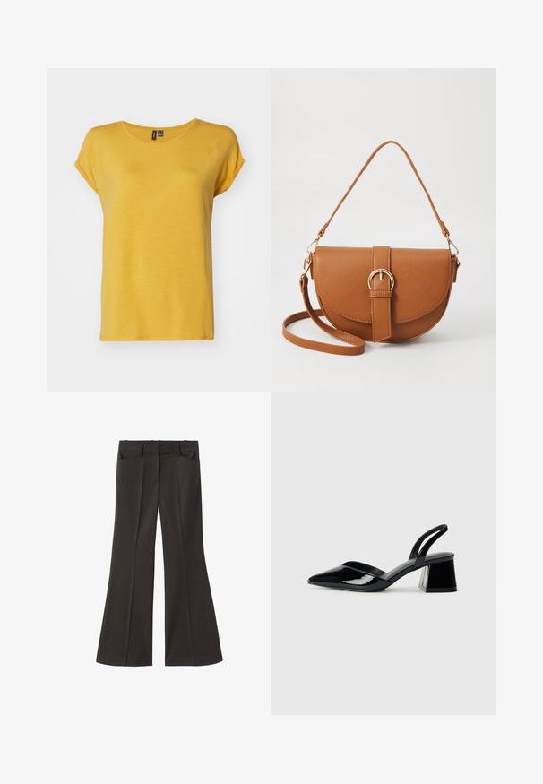Vero Moda VMAVA PLAIN - Tricou basic - golden spice; Pantaloni evazați negri, cu talie înaltă; au două buzunare frontale și o textură de stofă netedă. Potriviți pentru diverse ocazii.; Pantofi cu toc slingback din piele lacuită neagră, cu vârf ascuțit și toc geometric. Prezintă un design elegant, minimalist și o textură netedă.; Geantă din piele maro, tip crossbody, cu o formă curbată, accesorii aurii și un accent cu cataramă. Dispune de un curea de umăr detașabilă.