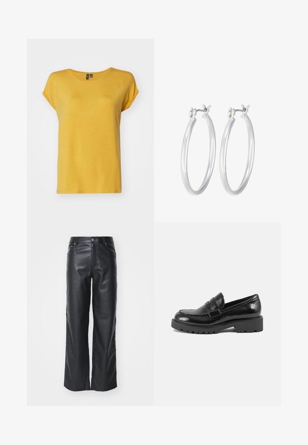 Vero Moda VMAVA PLAIN - T-shirt basic - golden spice; Zwarte leren wijde broek met een gladde textuur, voorzien van een sluiting met een knop aan de voorkant en een ontwerp met vijf zakken. Ontworpen voor een relaxte pasvorm.; Zwarte laarsjes van patentaal leer met een gestructureerde neus, een decoratieve band over de wreef en een dikke, robuuste zool. Gladde, glanzende afwerking.; Zilveren oorbellen in de vorm van een gladde, gepolijste ring. Ronde vorm met een veilige kliksluiting. Lichtgewicht ontwerp, geschikt voor dagelijks gebruik.