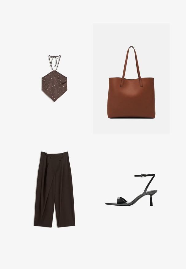 Brown suede halter top featuring a diamond shape, adorned with scattered silver studs for added detail and texture.; Dark brown wide-leg trousers with a high waist, featuring a single button closure and a pleated front. Made from lightweight fabric.; Bershka High heeled sandals - black; Brown leather tote bag with a smooth texture, open top design, and two shoulder straps. Features minimal stitching and no visible hardware.