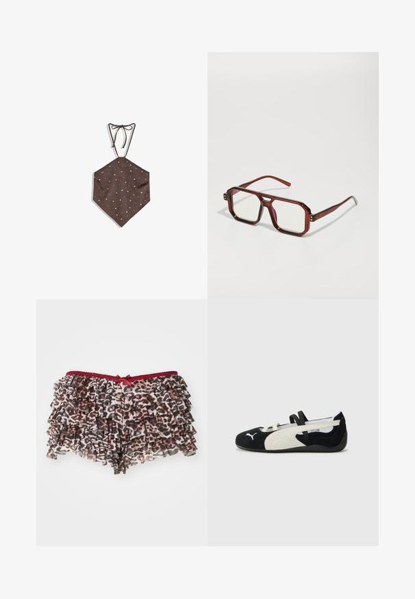 Brun mockneck halter-topp i mocka med en diamantform, smyckad med spridda silvernitar för extra detaljer och textur.; Blommig leopardsmönstrad shorts med lager av volanger, med ett rött spetsmidjeband och en liten rosettaccent framtill.; Svart och kräm ultralätt sko med överdel i mocka, platt sula, elastiska remmar och en liten logotyp på tån.; Bruna transparenta överdimensionerade glasögon med rektangulära linser och smala armar. Vinklade, något rundade hörn och synliga hårdvaruackenter.