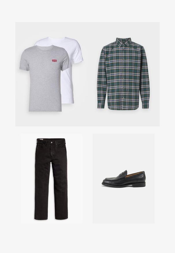 Kokvilnas T-krekli pelēkā un baltā krāsā. Ar apaļu kakla dizainu un īsām piedurknēm. Pelēkais krekls ar mazu sarkanu Levi's logo uz krūtīm.; Zaļš flaneļa krekls ar ietērpu, kurā ir zila, balta un sinepju dzeltena krāsa. Ar pogām aizdaram un uzgaļotām apkaklēm. Garas piedurknes.; Melnas taisnās kājas džinsu bikses ar piecām kabatām, pogu aizdari un jostas cilpām, izliktas uz balta fona.; Melnas ādas loafers ar gludu apdari, noapaļotu purngalu un dekoratīvām šuvēm uz virsu. Zems, sakrauta papēža un neliels spīdums.