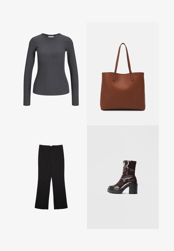 Maglietta a maniche lunghe a coste di colore grigio scuro. Presenta un collo rotondo e una silhouette aderente. Realizzata in tessuto elasticizzato per il massimo comfort.; Pantaloni neri a gamba dritta, con tasche frontali e spacchi laterali all'orlo. Realizzati in tessuto morbido e liscio. Adatti a diverse occasioni.; Stivale alla caviglia bordeaux lucido con un tacco spesso nero, caratterizzato da una superficie liscia e un design semplice. Nessuna chiusura visibile o motivo.; Borsa tote in pelle marrone con texture liscia, design con apertura superiore e due spallacci. Presenta cuciture minime e nessun hardware visibile.