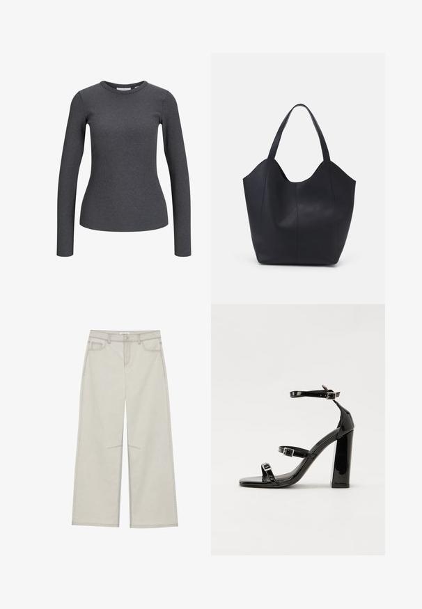 Dolga majica z rebrasto teksturo v temno sivi barvi. Ima okrogel izrez in prilegajoč kroj. Narejena je iz raztegljive tkanine za udobje.; Svetlo sivi široki hlače s pet žepov, sprednjem zapiranju na gumb in kontrastnim šivom ob šivih. Tkanina izgledata mehka in trpežna.; Črne lakirane sandale s peto, kvadratnim prstom, trakovi okrog gležnja in srebrnimi zaponkami. Opremljene so s stabilno Debelo peto.; Črna torba v obliki tote iz gladke usnjene površine, ki ima ukrivljen odprt vrh z dvema naramnicama in minimalističnim dizajnom.