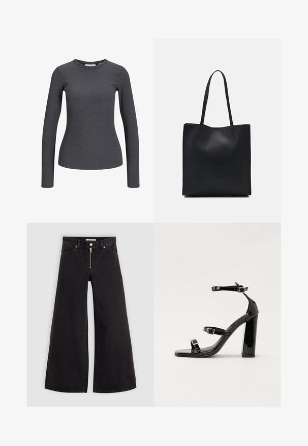 Langsleeve, geribbelde top in donkergrijs. Heeft een ronde halslijn en een aangesloten silhouet. Gemaakt van een rekbare stof voor comfort.; Wijdvallende jeans van zwarte denim met een ritssluiting aan de voorkant, vijf zakken en subtiele stikdetails. Soepele textuur en casual stijl.; Zwarte gepatenteerde sandalen met hak en een vierkante neus, enkelbandjes en zilveren gespen. Heeft een stevige blokhak voor stabiliteit.; Zwarte leren handtas met een gladde textuur, rechthoekige vorm en twee lange handvaten. Geen zichtbare hardware of versieringen.