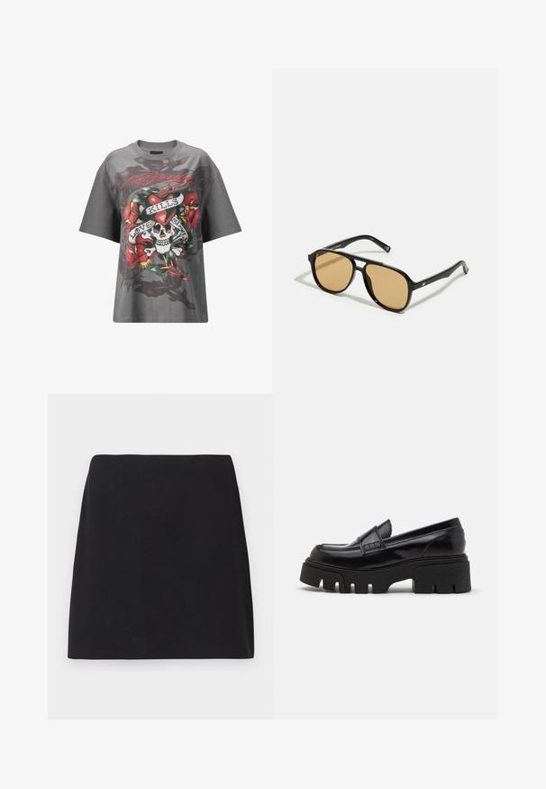Graues Baumwoll-T-Shirt mit großem Grafikdruck eines Schädels mit Rosen und dem Text "LOVE KILLS" auf der Vorderseite. Weite, lockere Passform.; Schwarzer Minirock, gerader Schnitt, glatte Stofftextur, keine sichtbaren Muster oder Verzierungen, saubere Kanten, keine Hardware. Einfaches Design.; Schwarze Lederloafer mit einer massiven, strukturierten Plateausohle und einem dekorativen Riemen über dem Obermaterial. Glatte, glänzende Oberfläche.; Schwarze Sonnenbrille mit braun getönten Gläsern; rechteckige Form mit einem dicken Rahmen, einschließlich subtiler Hardware-Akzente an den Bügeln.; Braune geflochtene Clutch mit strukturierter Oberfläache, goldfarbener Hardware und dekorativen Nieten entlang der Kanten. Besitzt einen Kettenriemen.