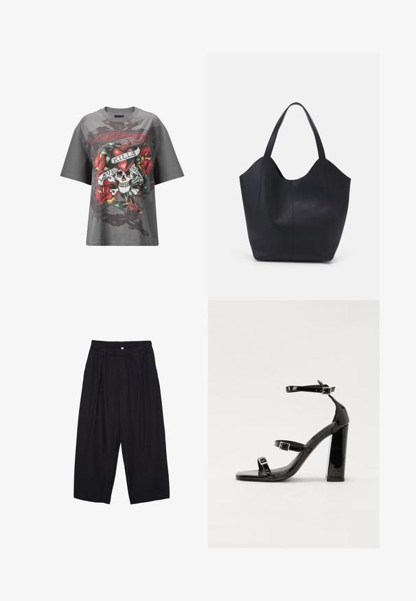 Graues Baumwoll-T-Shirt mit großem Grafikdruck eines Schädels mit Rosen und dem Text "LOVE KILLS" auf der Vorderseite. Weite, lockere Passform.; Schwarze Polyester-Culotte mit einem elastischen Bund, zwei vorderen Falten und einer lockeren Silhouette. Keine sichtbaren Muster oder Hardware-Details.; Schwarze patentierte Sandalen mit Absatz, quadratischer Spitze, Knöchelriemen und silbernen Schnallen. Mit einem stabilen Blockabsatz für mehr Stabilität.; Schwarze Tote-Bag aus glattem Leder, mit einem abgerundeten, offenen Oberteil, zwei Schulterträgern und einem minimalistischen Design.