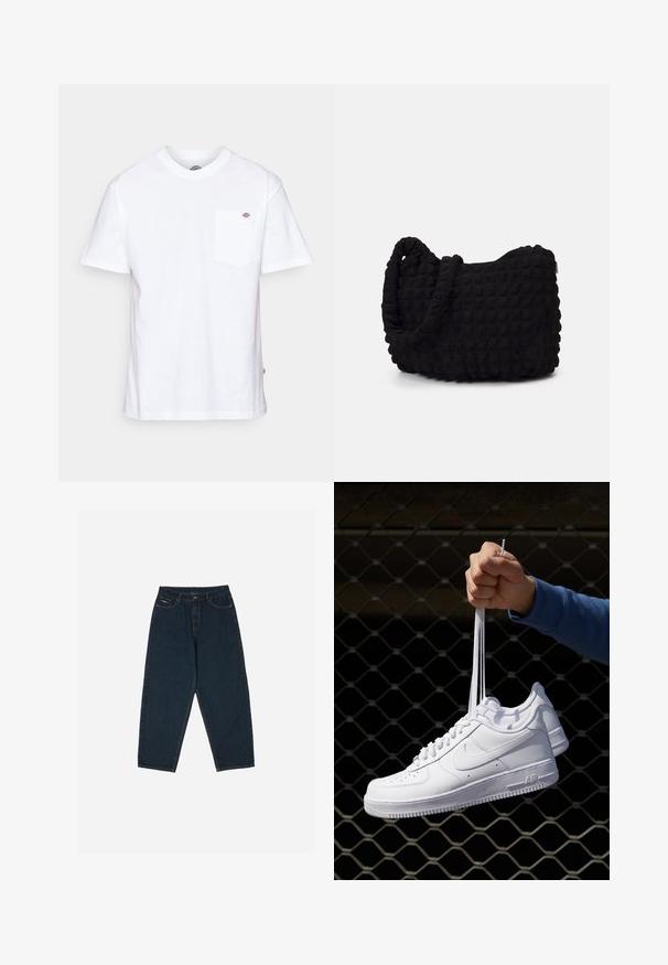 Balts kokvilnas T-krekls ar apļveida kakla izgriezumu, īsām piedurknēm un krūšu kabatu, kurā ir neliels zīmola logotips kreisajā pusē.; Tumši zili augsto vidukli bikši ar brīvu piegriezumu, piecu kabatu un pogu aizdari. Izgatavoti no gludas auduma.; Baltas ādas sporta apavi ar perforācijām, apaļu purngali, plakanu zoli un biezām šņorēm, ar redzamu swoosh logo un vārdu "AIR" uz papēža.; Melnas auduma soma ar strukturētu, quiltotu rakstu. Apaļa forma, īsas, resnas rokturi un mīksta, elastīga konstrukcija.