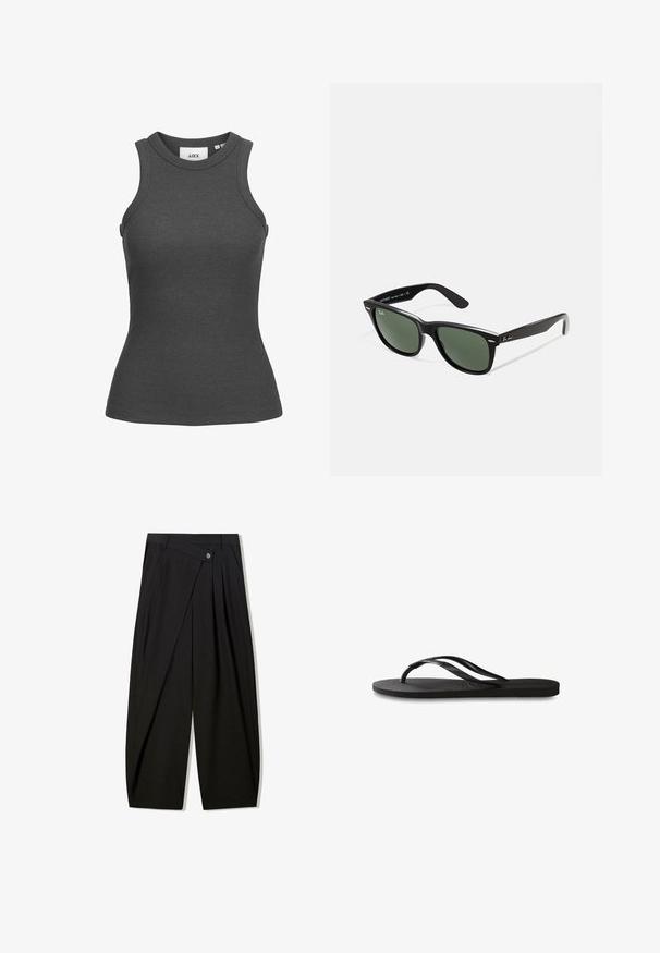 Mörkgrå räfflad linne med hög halsringning och ärmlös design. Har en kroppsnära silhuett och slät textur. Varumärkesetikett synlig.; Svart vida byxor tillverkade av mjukt tyg, med framveck, en knappstängning och en skräddarsydd design för en strukturerad silhuett.; Svart flip-flop med en texturerad gummisula, två slanka remmar och en subtil, präglad logodetalj på remmen.; Svarta plastsolglasögon med gröna linser, fyrkantiga bågar, silverdetalj på ögonbrynet och texturerade skalmar. Angiven märkning på den inre skalmen.; Liten svart, glänsande läderpåse med dragsnöre och korta handtag på en ljusgrå bakgrund.