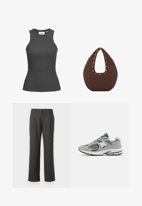 Tmav gray rebrovaný tielko s vysokým okrajom a bezrukávovým dizajnom. Má priliehavý strih a hladkú textúru. Viditeľná značka výrobcu.; Tmavohnedé formálne nohavice s rovnými nohavicami, pútkami na opasok a prednými záhybmi, vystavené na bielom pozadí.; Sivé tenisky s sieťovinou a semišovými materiálmi, so bielym logom, vypolstrovaným golierom a textúrovanou gumovou podrážkou. Akcenty v tmavšej sivej.; Hnedá taška cez rameno s zakriveným tvarom, so šikovne vyrezaným úchytom zdobeným striebornými nitmi pozdĺž okraja. Vyrobená z mäkkej textílie.