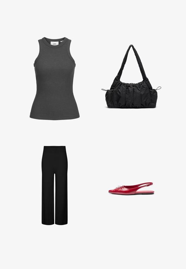 Temno siva rebrasta majica brez rokavov z visokim ovratnikom. Ima prilegajoč silhuet in gladko teksturo. Vidna oznaka blagovne znamke.; Črne široke hlače z raztegljivim pasom, ki imajo gladko teksturo in nimajo vidnih vzorcev ali akcentov.; Rdeče usnjene balerinke s prstnim koncem in okrasnim vezanjem spredaj, opremljene s slim trakovi okoli gležnja in ravnim podplatom.; Črna tkanina torbica z nabranim teksturo, dvema naramnicama in zategovanjem na straneh. Gladek, lahkoten material.